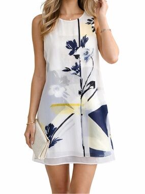 White House Black Market Floral Chiffon Shift Mini Dress Sleeveless Sheer 10